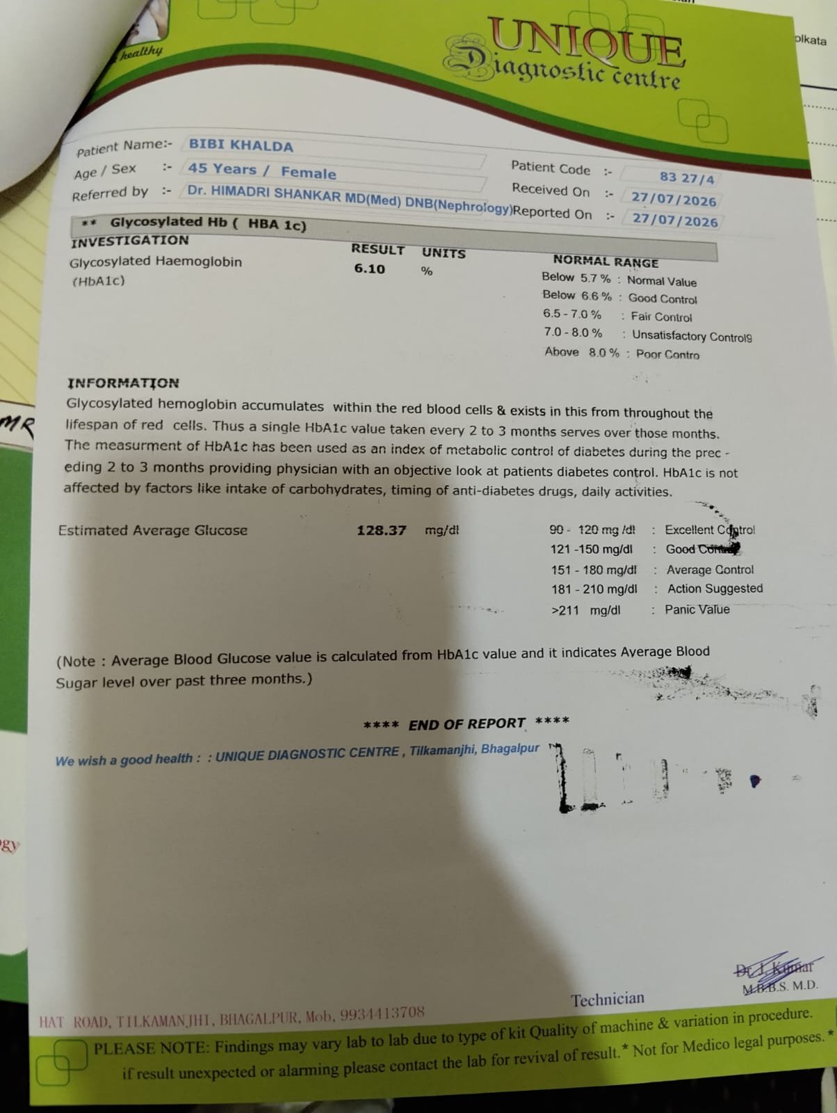 Medical Lab Report - Unique Diagnostic Centre